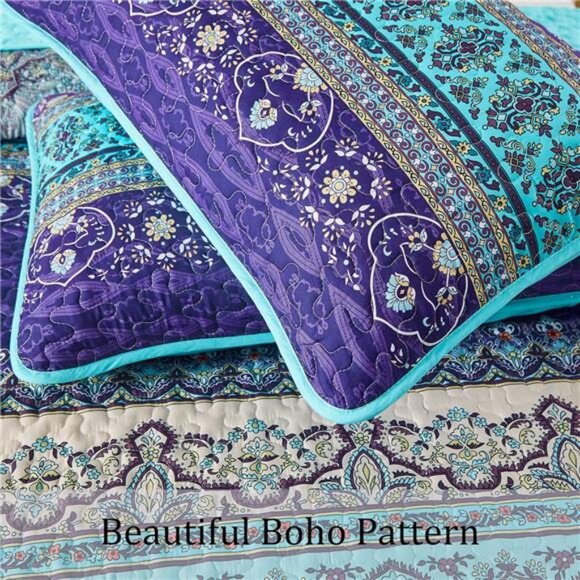 Boho Queen Quilt Set, Blue Purple Bohemian Queen Quilt Bedding - Picture 4 of 7